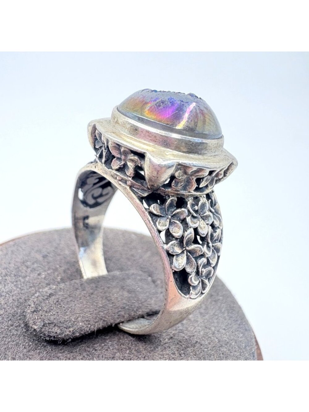 Druzy Quartz Sterling Silver 925 Floral Shoulder Statement Ring Size 9